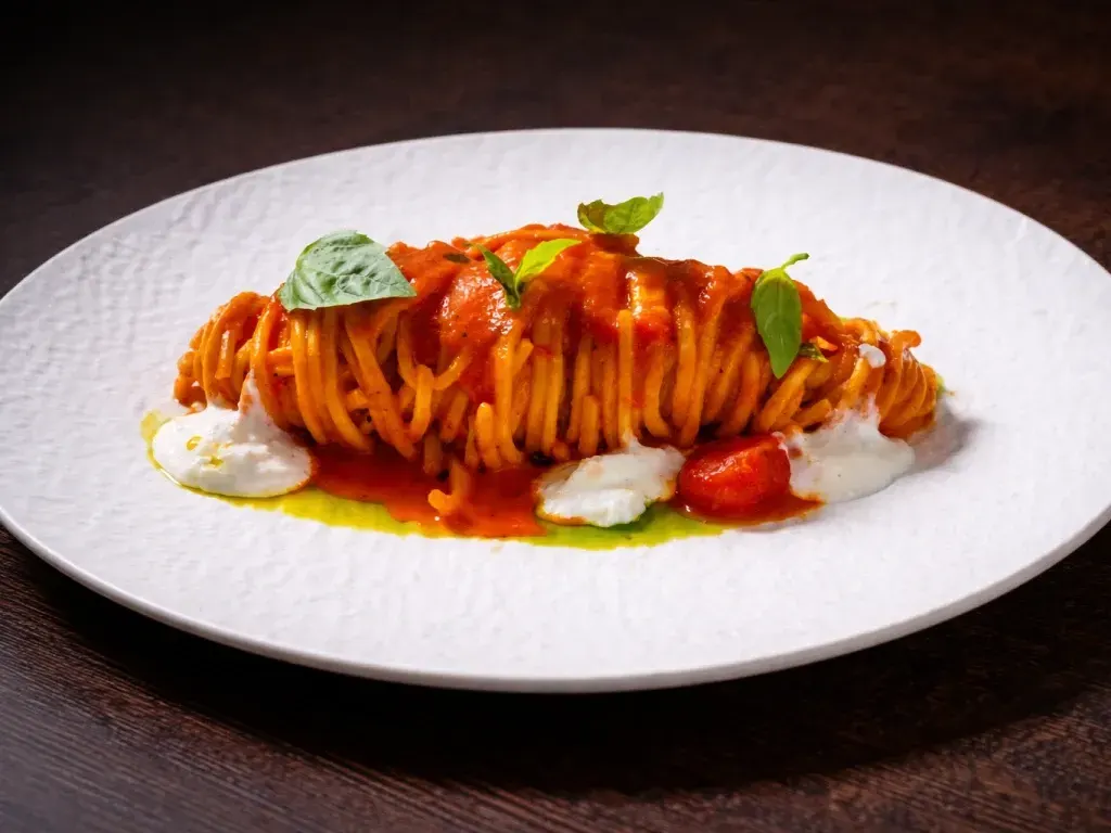 Spaghetti alla chitarra cu roșii cherry și stracciatella
